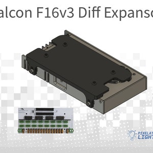 May include: A black Falcon F16v3 Diff Expansion board with a white connector panel. The board has a black metal cover with a silver screw. The connector panel has multiple green and black connectors.