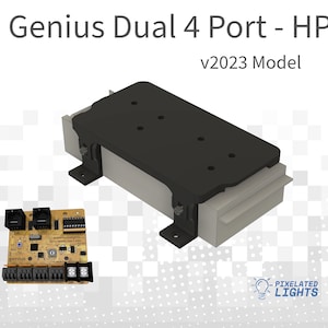 May include: A black and gray Genius Dual 4 Port - HP v2023 Model electronic device with a circuit board. The device has a black plastic cover and is mounted on a metal bracket.
