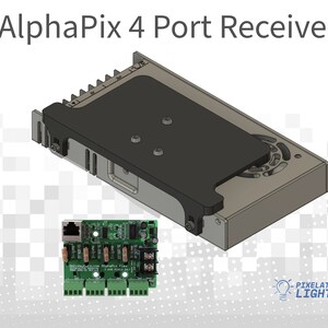 May include: A gray AlphaPix 4 Port Receiver with a black cover and a fan. The receiver is connected to a green circuit board with four ports and a network cable.