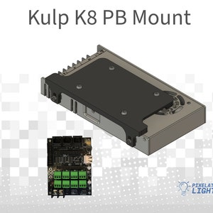 May include: A black and gray 3D printed mount for a Kulp K8 power supply. The mount has a rectangular shape with a small fan on the side. The mount is designed to be attached to a wall or other surface. The image also shows a small circuit board with green connectors.