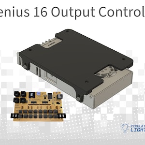 May include: A black and silver Genius 16 Output Controller with a circuit board featuring 16 output connectors. The controller is designed for use with LED lighting systems.