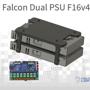 May include: A black metal bracket designed to hold two power supply units (PSUs) for a Falcon F16v4 system. The bracket is made of metal and has a black finish. The bracket is designed to be mounted to a wall or other surface. The bracket is shown with two PSUs installed. The PSUs are black and have a silver label with the text "Falcon F16v4" on them. The bracket is also shown with a circuit board with green connectors. The circuit board is labeled "Pixelated Lights".