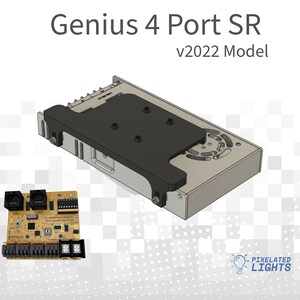 May include: A Genius 4 Port SR v2022 Model power supply unit with a black metal housing and a fan. The unit is shown with a circuit board with four RJ45 ports and a Pixilated Lights logo.