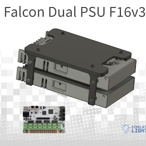 May include: A black metal bracket designed to hold two power supplies, labeled "Falcon Dual PSU F16v3". The bracket is shown with two power supplies installed. A circuit board with green connectors is also shown in the image.