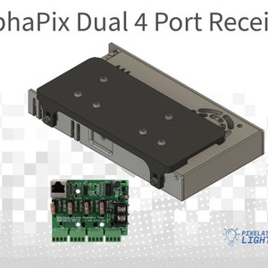 May include: AlphaPix Dual 4 Port Receiver, a gray metal box with a black circuit board inside. The circuit board has a network connector, four terminal blocks, and the text "AlphaPix Flex 4 Port Receiver".