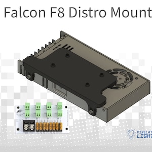 May include: A black metal mount for a Falcon F8 power supply unit. The mount has a fan and a series of connectors. The power supply unit is labeled "Falcon F8" and "Pixelated Lights".