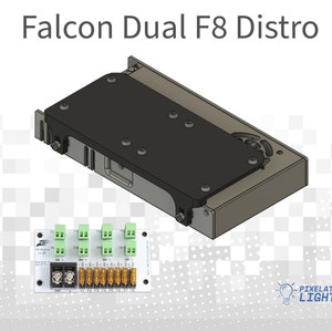 May include: Falcon Dual F8 Distro, a black and silver electronic device with a green terminal block. The device is labeled "Pixelated Lights".