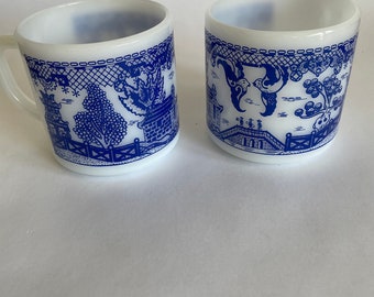 Pair of Milk Glass Blue Willow Mugs