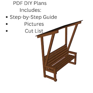 May include: DIY plans for building a wooden bench with a roof. The plans include a step-by-step guide, pictures, and a cut list.