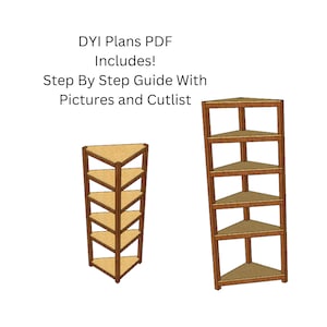 以下が含まれることがあります： 木製のコーナーシェルフが2つ、それぞれ5段の棚があります。棚は木でできており、薄い茶色の仕上げになっています。棚はコーナーにフィットするように角度が付いています。DIYプランPDFが含まれています！写真とカットリスト付きのステップバイステップガイド