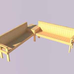 Peut inclure: Un banc d'angle en bois avec une finition naturelle. Le banc est composé de deux sections qui se connectent à un angle de 90 degrés. Le banc a un design simple avec un siège plat et un dossier.