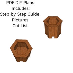 Puede incluir: Planes PDF de bricolaje para construir una maceta hexagonal de madera. Los planes incluyen una guía paso a paso, imágenes y una lista de corte.