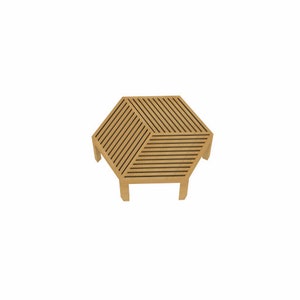 Könnte beinhalten: Ein sechseckiger Holz-Couchtisch mit einer Lattenoberfläche und einer natürlichen Holzoptik.