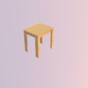Puede incluir: Una mesa de madera simple con un acabado marrón claro. La mesa tiene cuatro patas y una tapa cuadrada.