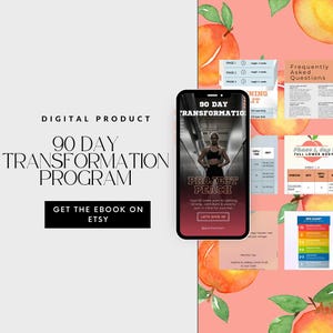 May include: A digital product listing for a 90-day transformation program. The listing features a peach-themed design with the text "Project Peach" and "90 Day Transformation". The listing also includes a digital product image of a woman working out in a gym.