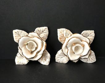 Handmade Ceramic ROSE TAPER HOLDERS:  Set of 2