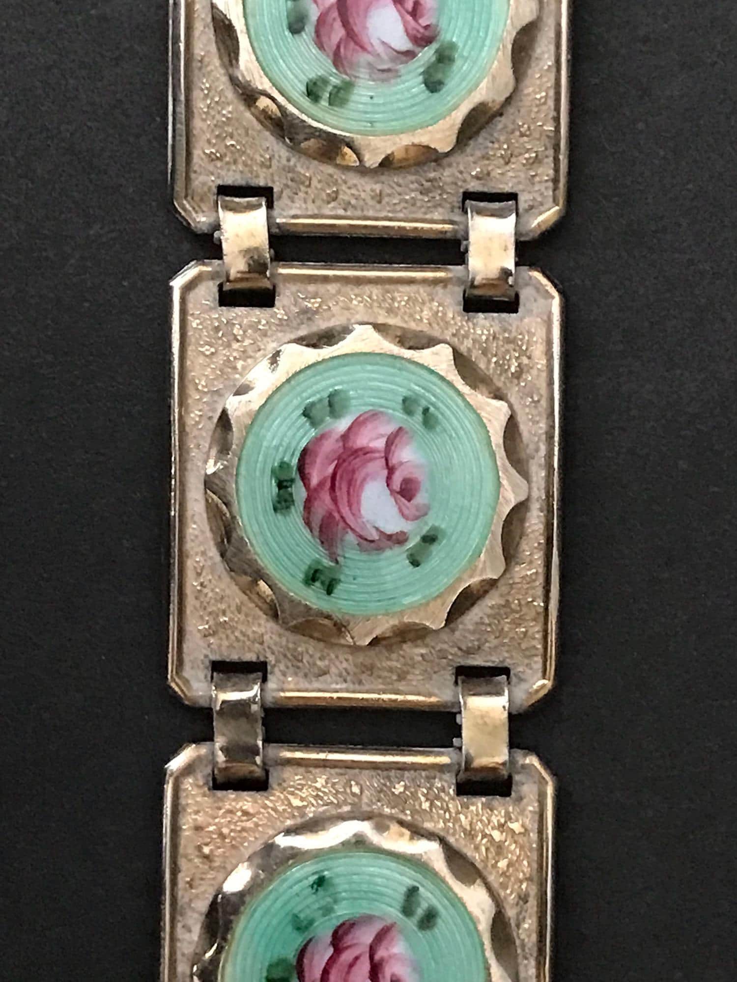 Vintage Sterling Silver GUILLOCHE ENAMEL Pink Roses on Aqua Background Link Bracelet.  Each panel is marked Sterling.