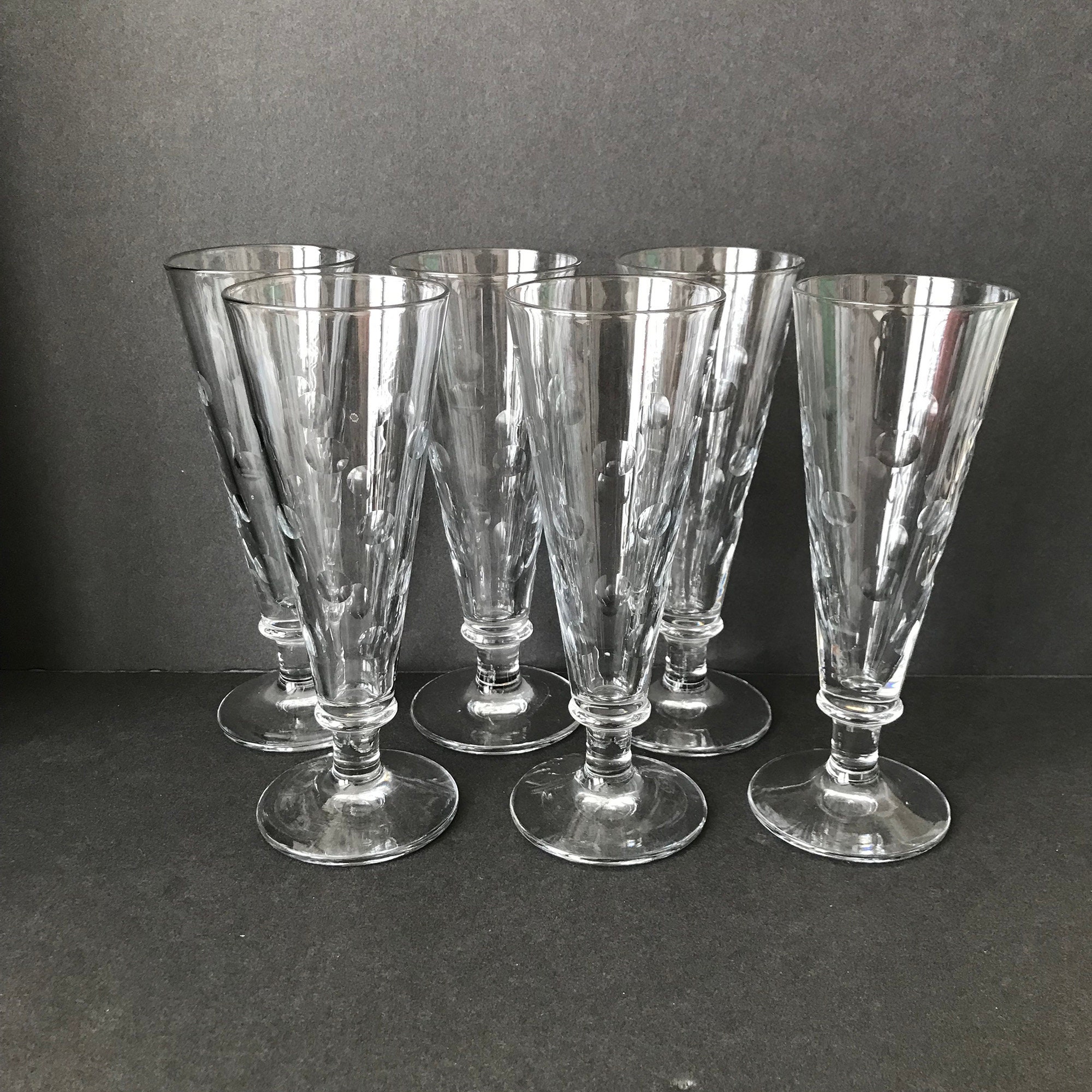 Pair of Vintage Etched Polka Dot Footed Clear Drinking Glasses