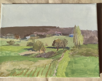 Spring landscape, original gouache painting by Kateryna Pliushch