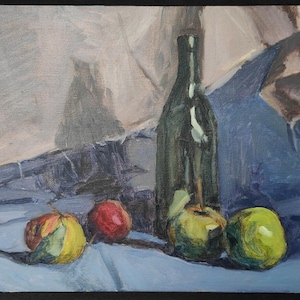 Original oil painting, still life with wild apples, on canvas board
