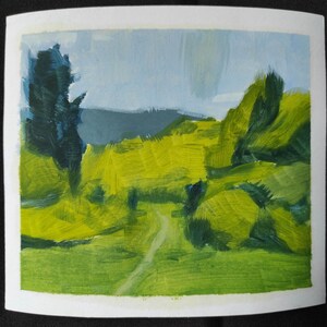 Dipinto originale a olio su carta, piccolo paesaggio estivo luminoso, dipinto a mano, 6,7 x 6 pollici, dipinto estivo, studio del paesaggio