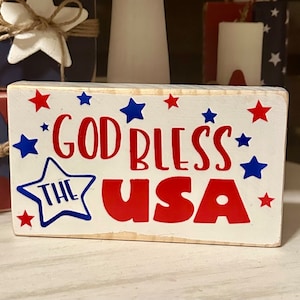 God Bless USA Mini Wood Block Sign - Patriotic Tiered Tray Accent - 4th of July Decor, USA, Farmhouse, Red White & Blue, Trending, America
