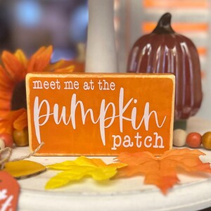 Puede incluir: Un letrero de madera naranja con la frase "meet me at the pumpkin patch" en escritura blanca. Decoración otoñal con una calabaza de cerámica y hojas artificiales.
