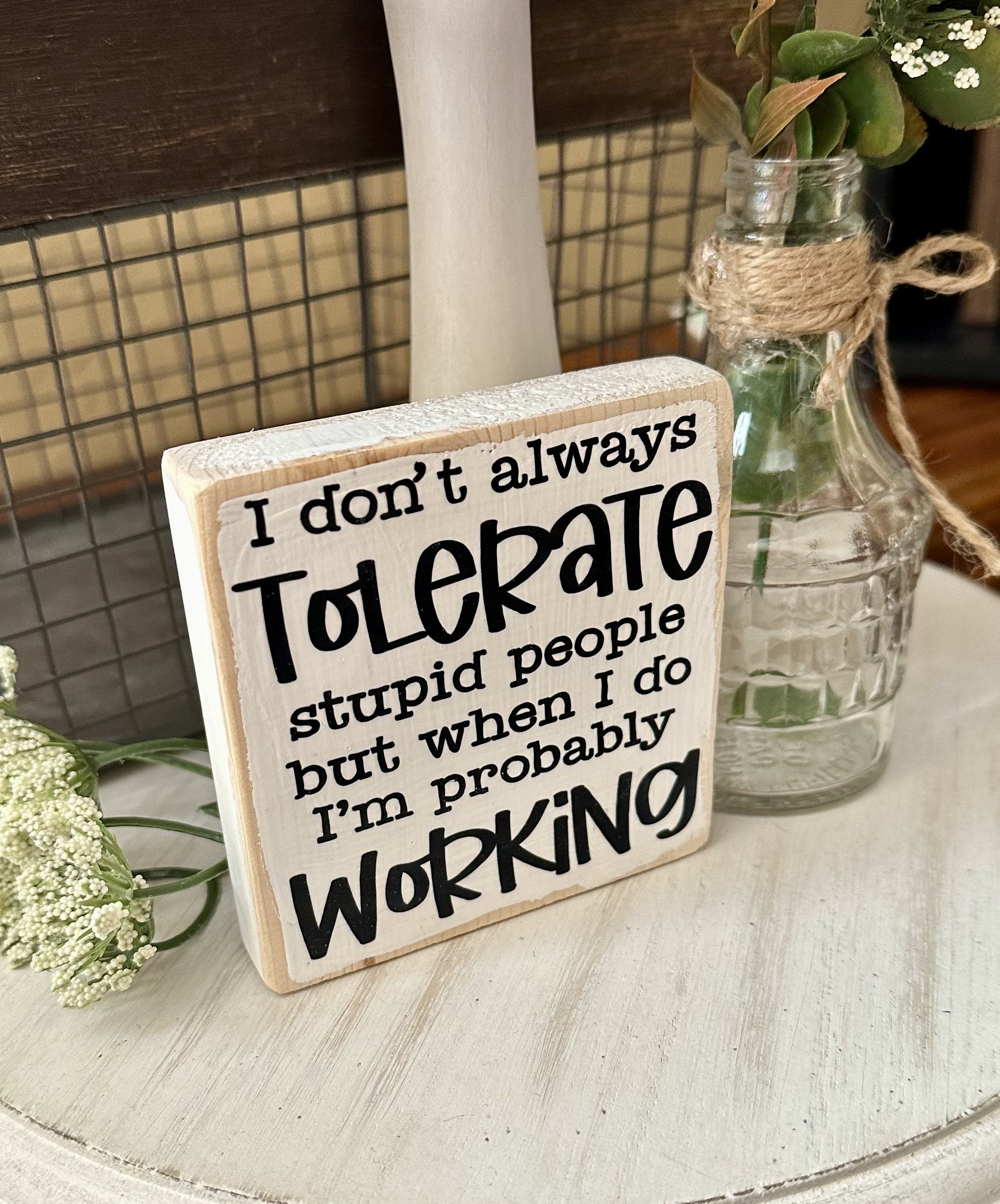 Funny Desk Mini Wood Block Sign – Sarcastic Coworker Gift, Stupid ...