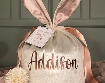 Large personalized luxury velvet Easter basket bag, Easter bag, bunny ears keepsake, gift bag