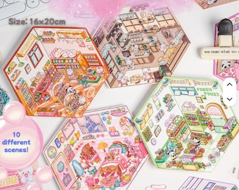 3D Little Shops Set Scene Stickers Miniature Cute Kawaii DIY Scenery Stickers Strawberry Cottage Baking Flower Coffee Library Books