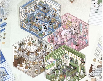 3D Scene Stickers Set Miniature Cute Kawaii DIY Scenery Stickers Convenience Store Pink Cabin Coffee Cat Penguin Ice Cream Shop SET