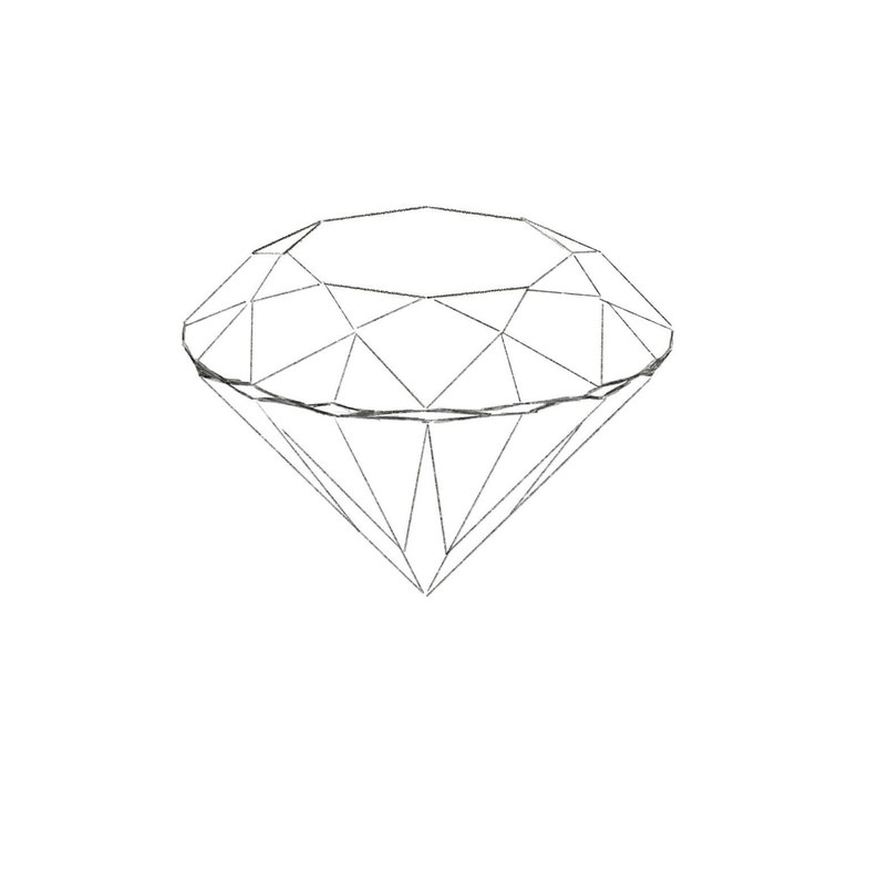 May include: A detailed line drawing of a diamond, showcasing its facets and angles. The image is a black and white illustration of a gemstone, perfect for jewelry design or educational purposes.