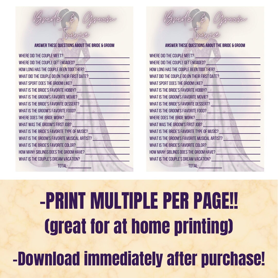 Bride &amp; Groom Trivia Game, Digital Template Download, Printable - Etsy