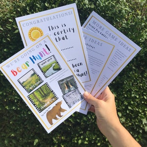 Tarjetas de actividades "Vamos a cazar un oso" con ideas de juegos, hoja de observación de fotografías y certificado de "Caza de osos", aprendizaje a través del juego para niños