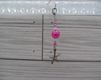 Starfish Charm with bling and Pink Glass beads charms, zipper pull, gift charm pulls