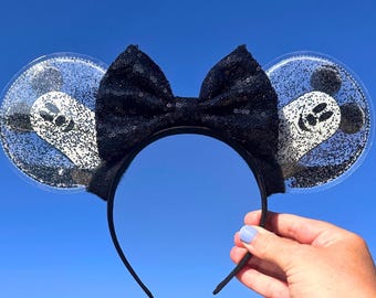 Mickey Ghost Halloween Ears: Glow-in-the-Dark Glitter Shaker, Black Sequin Bow