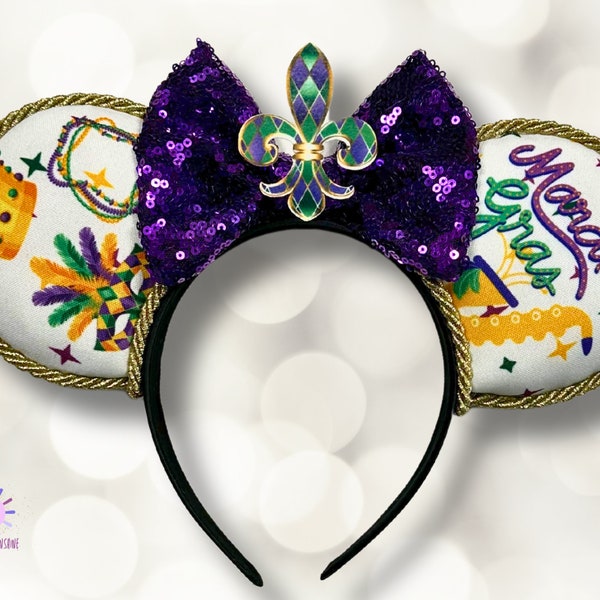Mardi Gras Disney Ears, New Orleans Holiday Celebration Mickey Ears Headband, Sequin Bow Minnie Ears, Fleur di Lis Mouse Ear, Princess Tiana