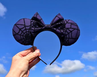 Spooky Spider Web Disney Halloween Mouse Ears Headband, Handmade Mickey Ears, Purple and Black Glitter Ear, Not So Scary Costume Accessory