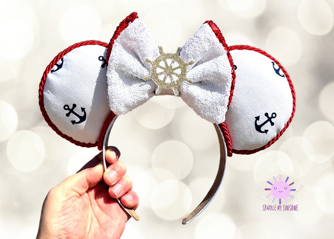 White Disney Cruise Ears, Wish Custom Mickey Ears, Steamboat Willie Red