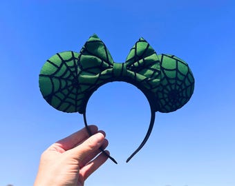 Green and Black Spooky Spider Web Disney Halloween Mouse Ears Headband, Handmade Mickey Ears, Glitter Ears, Not So Scary Costume Accessory