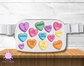 Personalized Valentine's Day Candy Hearts Fanny Pack, Custom Sling Bag, Small Crossbody Bag, Belt Bag Purse, Nylon Hip Bag, Best Friend Gift