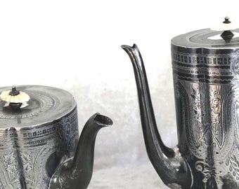 Antik viktoriansk etsad silverplåt te- och kaffekanna. Sheffield, England ca 1860