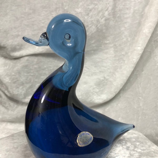 Vintage Wedgwood Art Glass Duck Hand Made in Sapphire Blue.  England c.1970