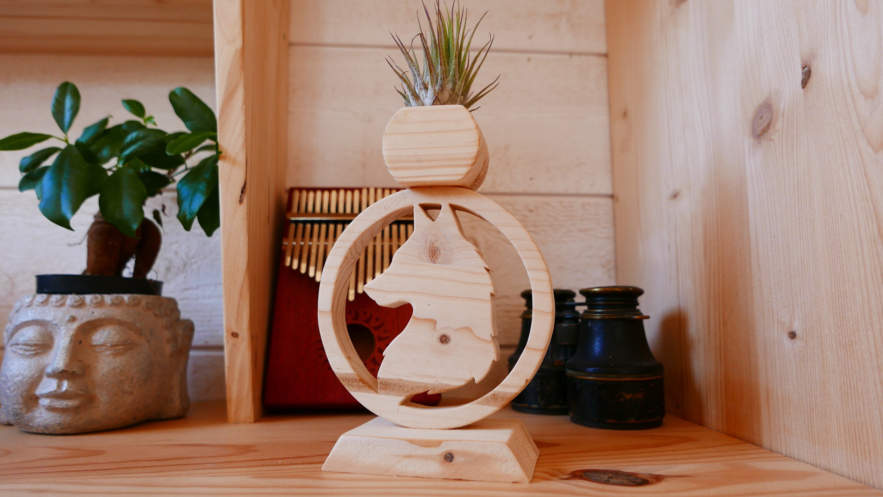 Loup - Décoration d'intérieur Support de Plante en Bois