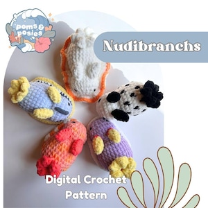 Puede incluir: Un patrón de crochet digital para hacer cinco nudibranquios coloridos diferentes. El patrón incluye instrucciones para tejer los nudibranquios en azul, naranja, morado, blanco y blanco y negro.
