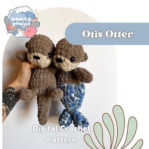 May include: Two crocheted otter plushies, one brown with a brown tail and the other brown with a blue and white mermaid tail. The plushies are sitting on a white surface with a light blue background. The text "Otis Otter" is written in white on the light blue background. The text "Digital Crochet Pattern" is written in black on a white background with a green leaf design.