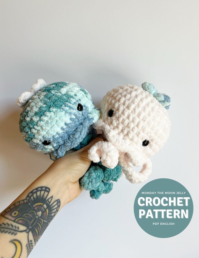 Monday the Moon Jellyfish Amigurumi Pattern, no sew crochet jellyfish plushie pattern only, two sizes included image 1