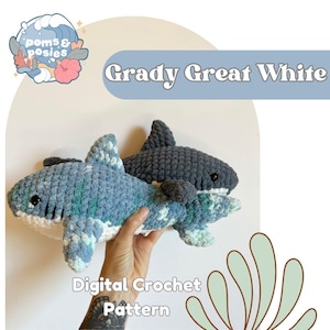 Grady the Great White Shark Amigurumi Pattern, crochet great white shark plushie pattern only