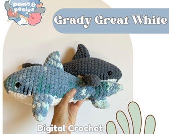 Grady the Great White Shark Amigurumi Pattern, crochet great white shark plushie pattern only