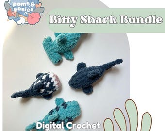 Pacchetto di modelli amigurumi Bitty Shark, 4 tipi di modelli di squali all'uncinetto di piccole dimensioni SENZA CUCIRE